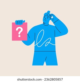 Work questions, doubts, hypotheses. Woman is holding a card with a question mark. Colorful vector illustration
