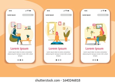 Work and Recreation at Home Responsive Design Mobile Page Flat Phone Onboard Screens Set. Man Working on Laptop, Woman Meditating in Lotus Posture, Lady Having Coffee Break. Vector Illustration