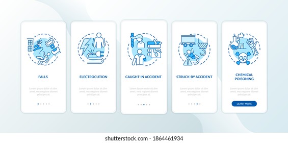Work related injuries onboarding mobile app page screen with concepts. Working with high voltage electricity walkthrough 5 steps graphic instructions. UI vector template with RGB color illustrations