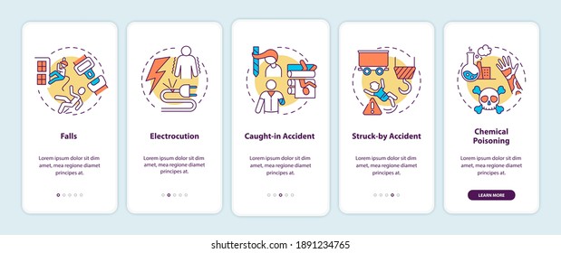 Work related injuries onboarding mobile app page screen with concepts. Falls from high places walkthrough 5 steps graphic instructions. UI vector template with RGB color illustrations