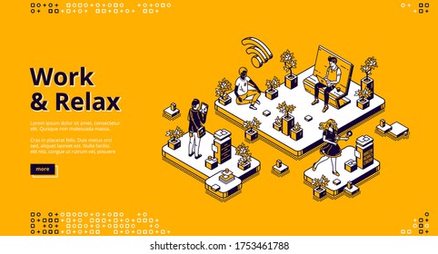 Work and relax banner. Concept of work organization and healthy routine without stress. Vector landing page with isometric office with resting people in meditation and virtual game