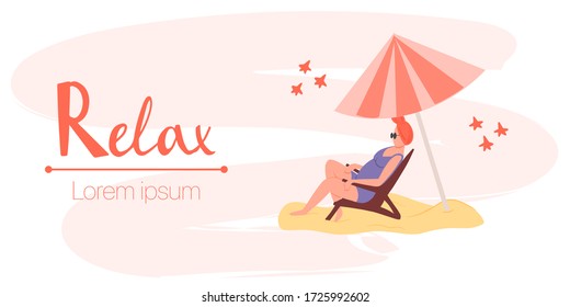 Work and relax banner template with hand drawn lettering. Woman in swimming suit sits in sunbed on the beach and working on laptop vector flat illustration.