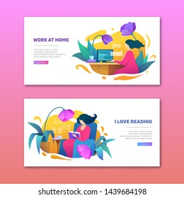 Work and relax at home posters in flat style. Young woman reading book in armchair. Business woman working at home office vector illustration. Freelance, distance studying and self education.