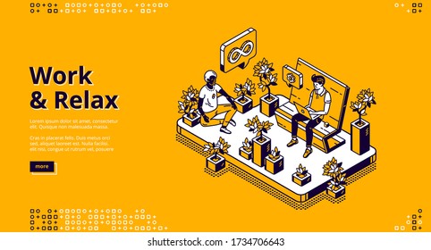 Work and relax isometric landing page, business people working on laptop sitting on bench in park and meditating in lotus posture among plants. Yoga relaxation in office, 3d vector line art web banner