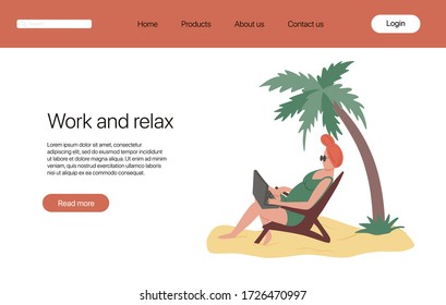 Work and relax landing page template. Woman in swimming suit sits in sunbed on the beach and working on laptop vector flat illustration. Summer vacation, self employed, freelance website concept.