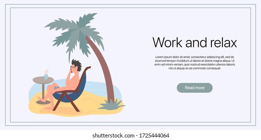 Trabajar y relajar la plantilla de afiches. Hombre con traje de baño sentado en la cama de sol en la playa y hablando en la ilustración plana del vector del teléfono. Vacaciones de verano, autoempleados, concepto de banner independiente.
