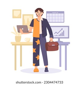 Work and relax style. Young guy half in suit, half in casual clothes with laptop in his hand. Freelancer and remote worker. Daily life and routine. Cartoon flat vector illustration