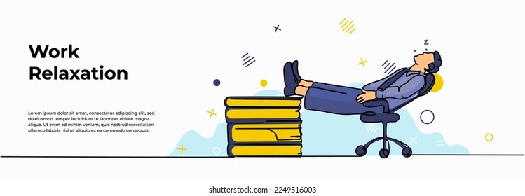 Work Relaxation Web Banner. Vector illustration of a man sleeping on a work chair. Modern flat in continuous line style.