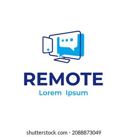 Work remote logo design. Smartphone and computer screen vector illustration. Speech bubble vector sign.