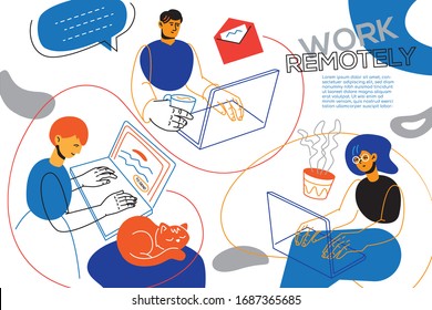 Work remotely - colorful flat design style illustration. Coronavirus protective measures, quarantine, stay at home recommendation idea. Cartoon characters, employees at laptops, communicating online