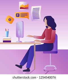 Work remotely concept. The Flat vector illustration. The young woman works remotely at a computer.