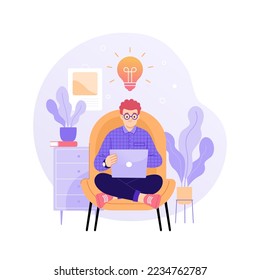 Work remotely concept. Vector cartoon illustration of a young man sitting in a chair with a laptop and coming up with new ideas. Isolated on white