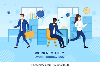 Work Remotely concept with workers fleeing an office as a colleague sits at his desk coughing infectious coronavirus molecules into the air, colored vector illustration