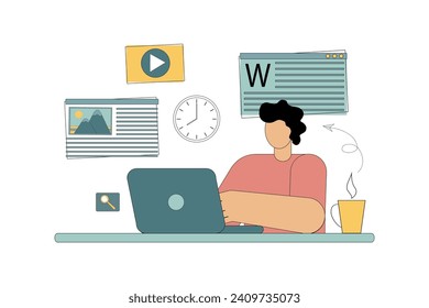 Work remotely. Freelancing. Copywriter. Journalist. Designer. Work at home. Information analysis. News. Vector illustration on white background