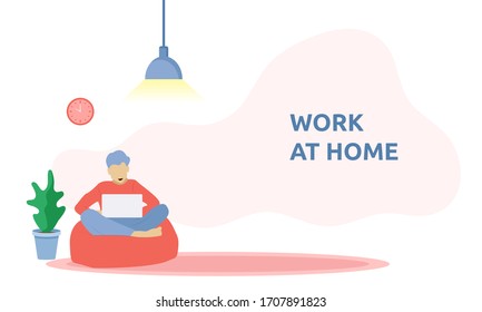 Work remotely at home concept. Young man working with laptop in comfortable armchair at home. People at home in quarantine. Vector llustration suitable for background design of your web template.