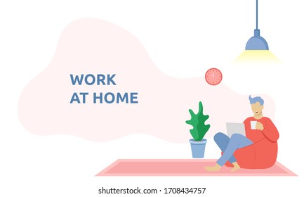 Work remotely at home concept. Young man working with laptop in comfortable armchair at home. People at home in quarantine. Vector llustration suitable for background design of your web template.