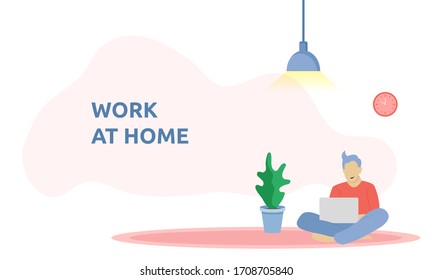 Trabaje remotamente en casa. Joven trabajando con una laptop en la alfombra en casa. Gente en casa en cuarentena. Ilustración vectorial adecuada para el diseño de fondo de su plantilla web.