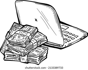 Work remotely from home and earn big money. PC laptop job brings financial benefit and success. Hand drawn retro vintage vector illustration. Old school style comics cartoon black and white drawing. 