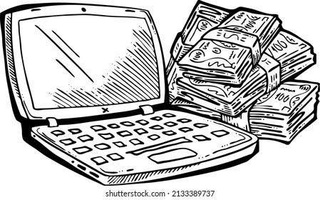 Work remotely from home and earn big money. PC laptop job brings financial benefit and success. Hand drawn retro vintage vector illustration. Old school style comics cartoon black and white drawing. 