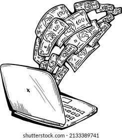 Work remotely from home and earn big money. PC laptop job brings financial benefit and success. Hand drawn retro vintage vector illustration. Old school style comics cartoon black and white drawing. 