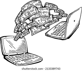 Arbeiten Sie fern von zu Hause und verdienen Sie viel Geld. PC-Laptop-Job bringt finanziellen Nutzen und Erfolg. Handgezeichnet Retro Vintage Vektorgrafik. Comiccartoon im Stil der Alten Schule, schwarz-weißes Zeichnen. 