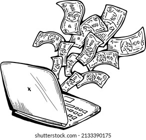 Arbeiten Sie fern von zu Hause und verdienen Sie viel Geld. PC-Laptop-Job bringt finanziellen Nutzen und Erfolg. Handgezeichnet Retro Vintage Vektorgrafik. Comiccartoon im Stil der Alten Schule, schwarz-weißes Zeichnen. 