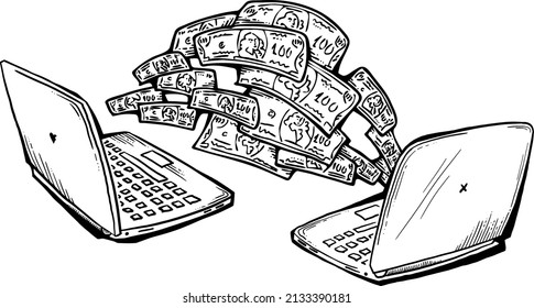Work remotely from home and earn big money. PC laptop job brings financial benefit and success. Hand drawn retro vintage vector illustration. Old school style comics cartoon black and white drawing. 