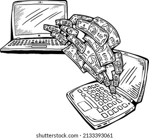 Arbeiten Sie fern von zu Hause und verdienen Sie viel Geld. PC-Laptop-Job bringt finanziellen Nutzen und Erfolg. Handgezeichnet Retro Vintage Vektorgrafik. Comiccartoon im Stil der Alten Schule, schwarz-weißes Zeichnen.