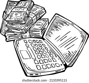 Arbeiten Sie fern von zu Hause und verdienen Sie viel Geld. PC-Laptop-Job bringt finanziellen Nutzen und Erfolg. Handgezeichnet Retro Vintage Vektorgrafik. Comiccartoon im Stil der Alten Schule, schwarz-weißes Zeichnen.