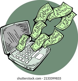 Work remotely from home and earn big money. PC laptop job brings financial benefit and success. Hand drawn retro vintage colorful vector illustration. Old school style comics cartoon drawing. 