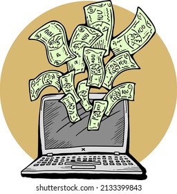 Work remotely from home and earn big money. PC laptop job brings financial benefit and success. Hand drawn retro vintage colorful vector illustration. Old school style comics cartoon drawing. 