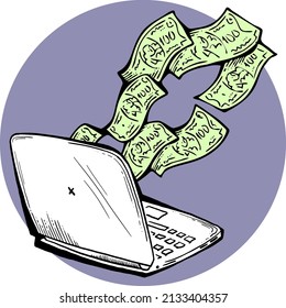 Work remotely from home and earn big money. PC laptop job brings financial benefit and success. Hand drawn retro vintage colorful vector illustration. Old school style comics cartoon drawing. 