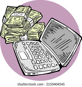 Work remotely from home and earn big money. PC laptop job brings financial benefit and success. Hand drawn retro vintage colorful vector illustration. Old school style comics cartoon drawing. 