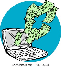 Trabajar a distancia desde casa y ganar mucho dinero. El trabajo de PC laptop aporta beneficios financieros y éxito. Ilustración vectorial de color retro dibujada a mano. Dibujo de historietas al estilo de la vieja escuela. 