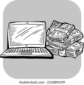 Work remotely from home and earn big money. PC laptop job brings financial benefit and success. Hand drawn black and white vector illustration. Old style comics cartoon drawing. 