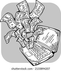Work remotely from home and earn big money. PC laptop job brings financial benefit and success. Hand drawn black and white vector illustration. Old style comics cartoon drawing. 
