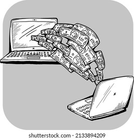 Work remotely from home and earn big money. PC laptop job brings financial benefit and success. Hand drawn black and white vector illustration. Old style comics cartoon drawing. 