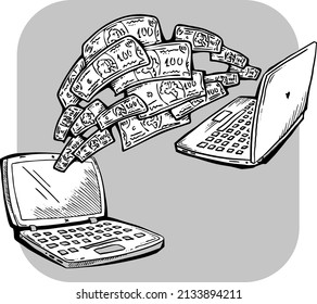 Work remotely from home and earn big money. PC laptop job brings financial benefit and success. Hand drawn black and white vector illustration. Old style comics cartoon drawing. 