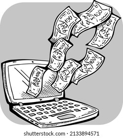 Arbeiten Sie fern von zu Hause und verdienen Sie viel Geld. PC-Laptop-Job bringt finanziellen Nutzen und Erfolg. Handgezeichnete schwarz-weiße Vektorgrafik. Comics Zeichnen im alten Stil. 