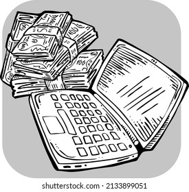 Trabajar a distancia desde casa y ganar mucho dinero. El trabajo de PC laptop aporta beneficios financieros y éxito. Ilustración vectorial en blanco y negro dibujada a mano. Dibujo de historietas de estilo antiguo. 