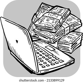 Arbeiten Sie fern von zu Hause und verdienen Sie viel Geld. PC-Laptop-Job bringt finanziellen Nutzen und Erfolg. Handgezeichnete schwarz-weiße Vektorgrafik. Comics Zeichnen im alten Stil. 