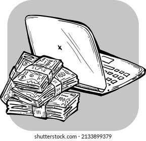 Work remotely from home and earn big money. PC laptop job brings financial benefit and success. Hand drawn black and white vector illustration. Old style comics cartoon drawing. 