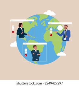 Work remotely, Long distance communication. Earth globe with location mark and people faces. 