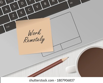 Work remotely. Memo stick on laptop keyboard. Modern technologies in business. Freelance, telecommuting. Vector illustration