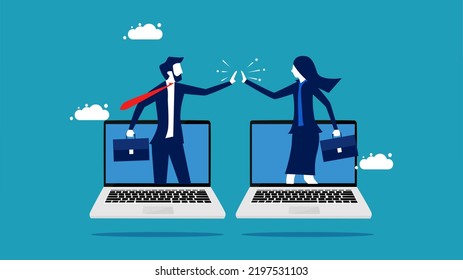 Work remotely or say hello online. High five businessman from laptop