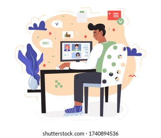 Work remotely. A sitting man is on a video call with his team members. Stay home conception, a picture is decorated with some graphics, pop-up windows, clouds, and other geometric decoration. Vector