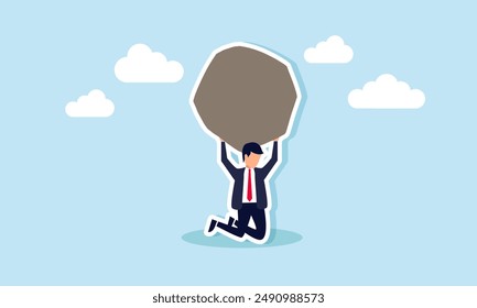 Work responsibilities, pressure, debt burden, challenges, struggles, overwork, effort, or punishment, concept of A tired businessman carries a heavy boulder in an Atlas pose