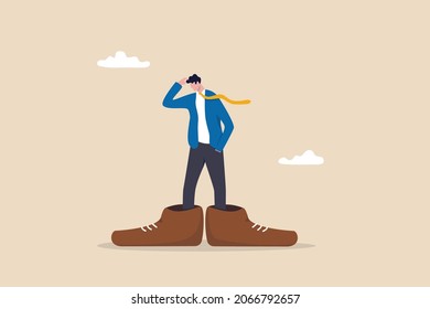 Work Responsibility, Put Right Man In The Right Job, Working Skill To Fit Job Position, Anticipation To Be Promoted, Mistake Or Problem Concept, Frustrated Businessman Trying To Put Too Big Shoes.