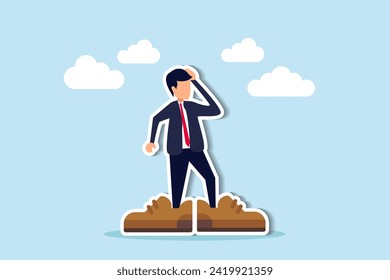 Work responsibility, put right man in the right job, working skill to fit job position, anticipation to be promoted, mistake or problem concept, frustrated businessman trying to put too big shoes.