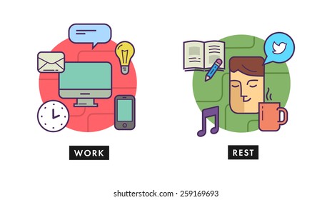 Work and rest office. Vector symbols. Business illustration